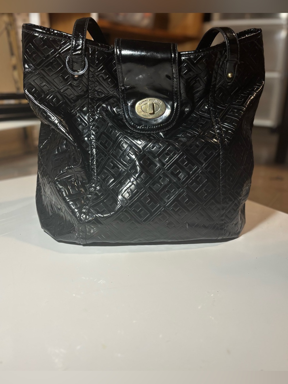 Tommy Hilfiger Black Quilted Patent Shoulder Bag with Turn-Lock